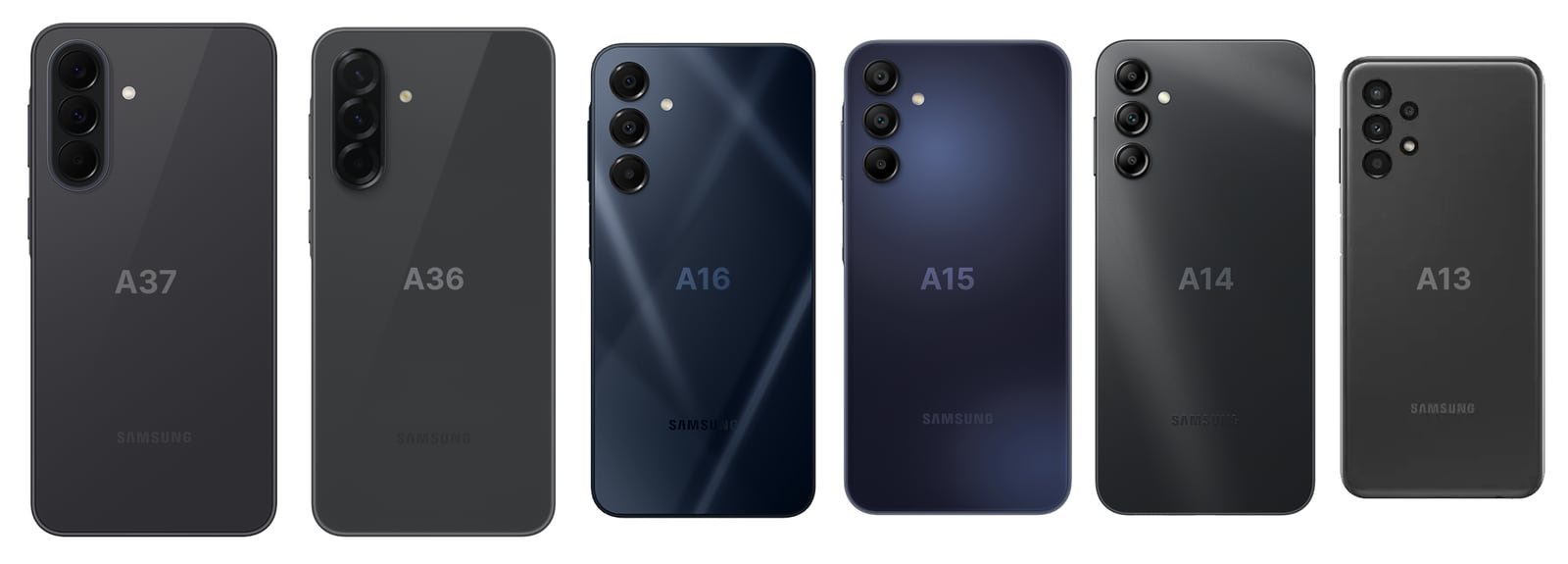 Six Bark Phone models photographed from the back and labelled by Bark: A37, A36, A16, A15, A14 and A13.